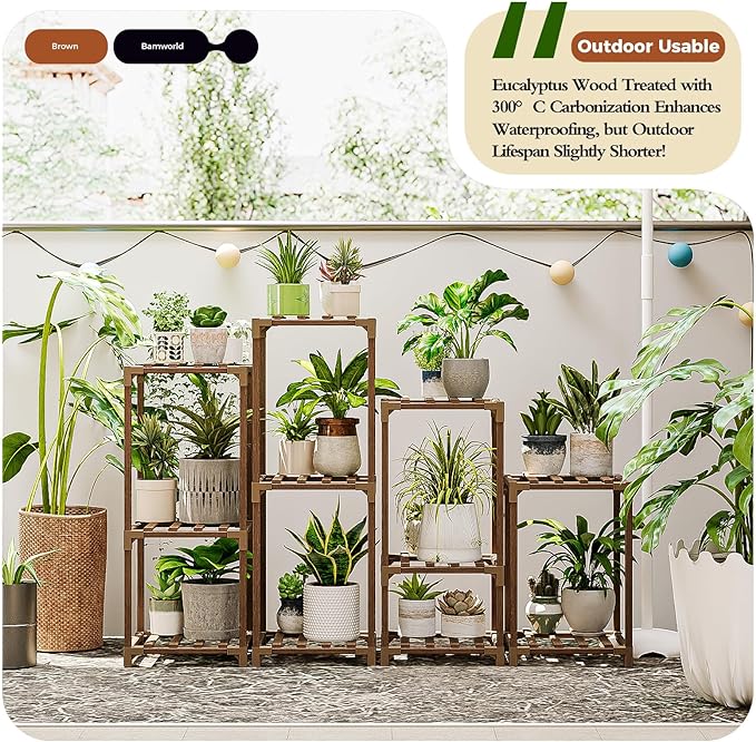 Bamworld Plant Stands Indoor 4 Sets Plant Shelves Outdoor Wooden Plant Holder for Multiple Plants Flower Stands for Living Room Balcony Garden Patio Lawn Window