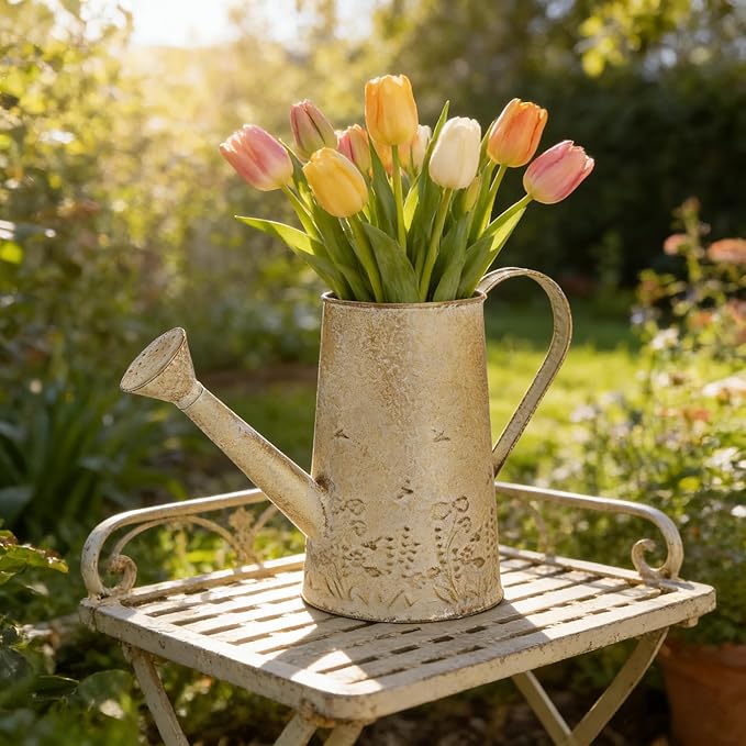 Vintage Distressed Gold Flower & Garden Watering Can, Decorative Metal Watering Pot Planter for Home Patio Backyard Outdoor Plant Care, Rustic Farmhouse Home Decor Accent