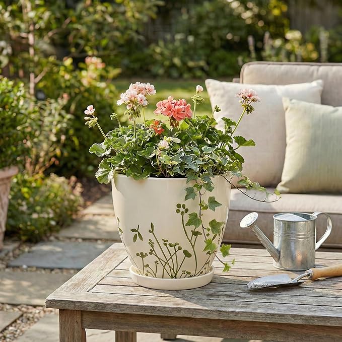 MPotTo Indoor Plant Pot 8.2 Inch - Ceramic Planter with Drainage Hole and Saucer, Boho Round Decorative Flower Pot for Indoor Outdoor Flowers, Plant Lover Gifts, Office Home Garden Patio Decor, White