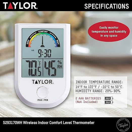 Taylor Digital Wireless Indoor Comfort Level Thermometer and Hygrometer, Easy-to-Read Display for Home, Office, Greenhouse, Nursery, and Indoor Areas, White