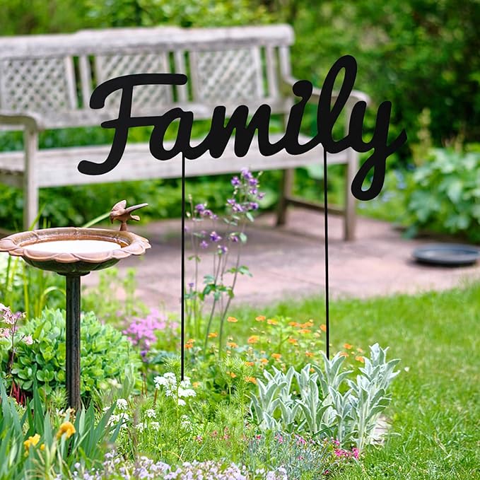 Metal Letters Garden Stakes Yard Art Word Sign Lawn Decoration Indoor Outdoor Plant Pot Decor Decorative Stick for Patio Pathway Flower Bed (family)