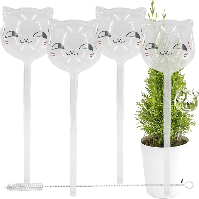 Aqua Glass Plant Watering Globes Automatic Self Watering Plant Insert Spike Orbs - Indoor Outdoor Plant Drip Irrigation - For Flowers, Herbs, Houseplants (Cat Kitten Globes, 4, Units)