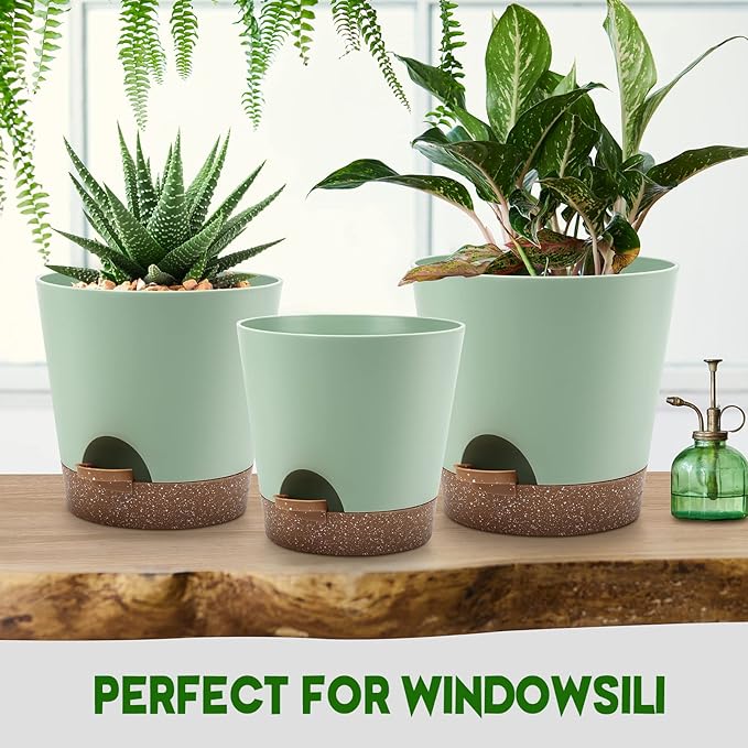 YNNICO Indoor Self Watering Planters with Drainage Holes and Saucers, 9,8, 7.5 Inches, Green, 3 Pots (Springgreen)