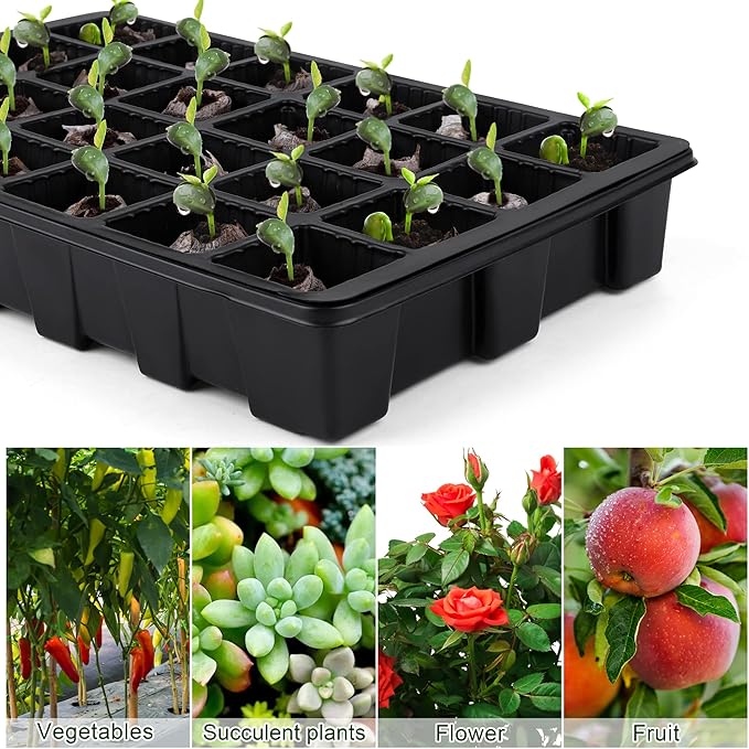Hahood 4 Pack 24-Cells Seed Starter Tray Kit Germination Tray with Humidity Dome and Base, Plant Growing Kit Germination Starter Including Peat Pellets, Plant Labels, Tool for Indoor Outdoor, Black