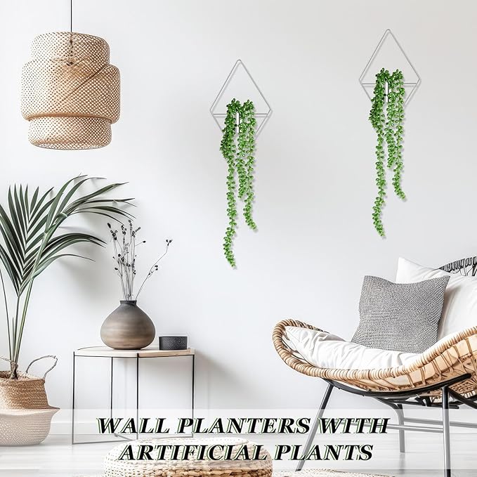 Canlierr 2 Pieces Wall Decor Hanging Planters with Artificial Plants Metal Hanging Vase Indoor Plants Holder Modern Boho Wall Art for Bathroom Bedroom Living Room Decor, Silver, Succulents