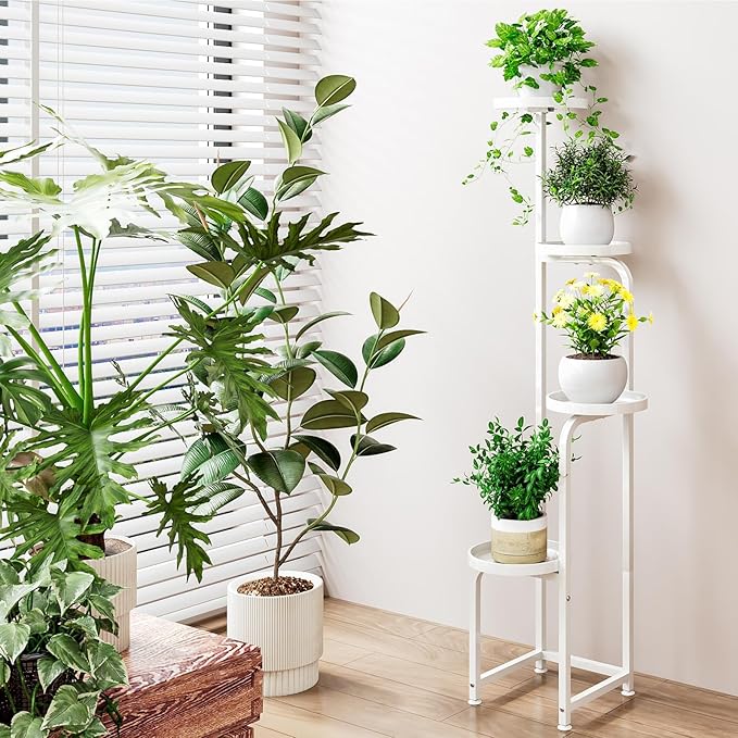 INGIORDAR Plant Stand Indoor Outdoor 4 Tier Metal Plant Shelf for Multiple Plants Corner Flower Holders for Living Room Balcony Bedroom Patio Garden, Black (White, 4-Tier)