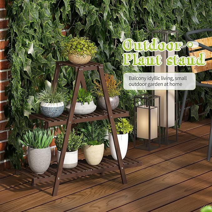 BMOSU Plant Stand Bamboo for Indoor Outdoor Tiered Plant Shelf 8 Potted Flower Holder Ladder Rack Garden Balcony Living Room Patio(3 Tier Brown)