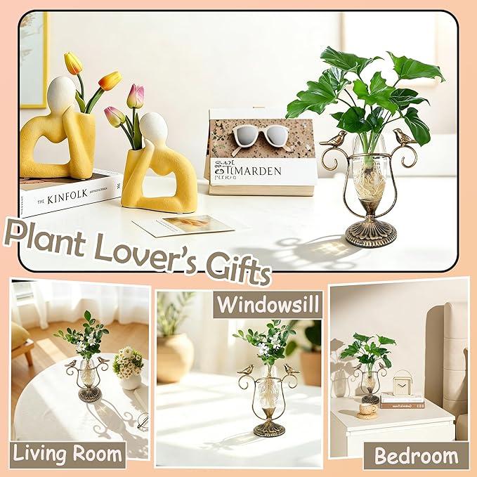 Glass Propagation Vases for Plants, Vintage Hydroponic Plant Propagation Station Terrarium, Retro Bird Gardening Gifts for Women Men Plant Lovers (Gold)