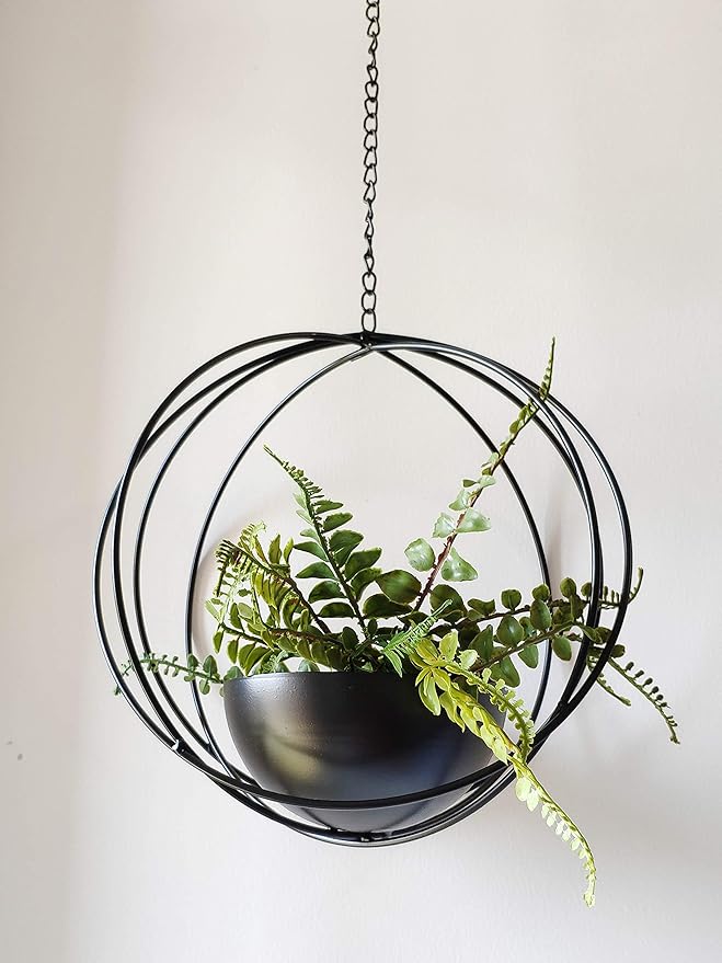RISEON Boho Black Metal Plant Hanger,Metal Geometric Hanging Planter, Modern Planter, Mid Century Air Plant Holder Stand, Minimalist Planter for Indoor Outdoor Home Wedding Decor
