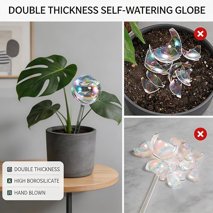 Plant Watering Globes, Thick Clear Iridescent Rainbow Glass Self Watering Globes, Automatic Plant Watering Bulbs for Indoor & Outdoor Potted Plants, Hanging Baskets, Home & Garden, 2-Pack