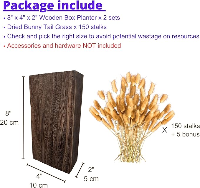 LaLaGreen Wood Wall Planters (8 Inch, 2 Pack) Include Bunny Tails Dried Flowers, Hanging Planter Wooden Box Vase for Indoor Modern Rustic Farmhouse Decor Home Living Room Bathroom Trendy Decoration