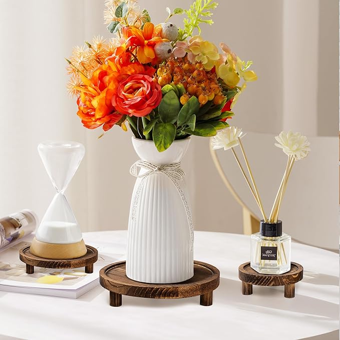 3 Pcs Wooden Display Risers Round Wood Pedestal Stand Mini Plant Tray Stand, 10-6 Inch Rustic-style decorative shelf for Displaying Plants and Candles (Brown)