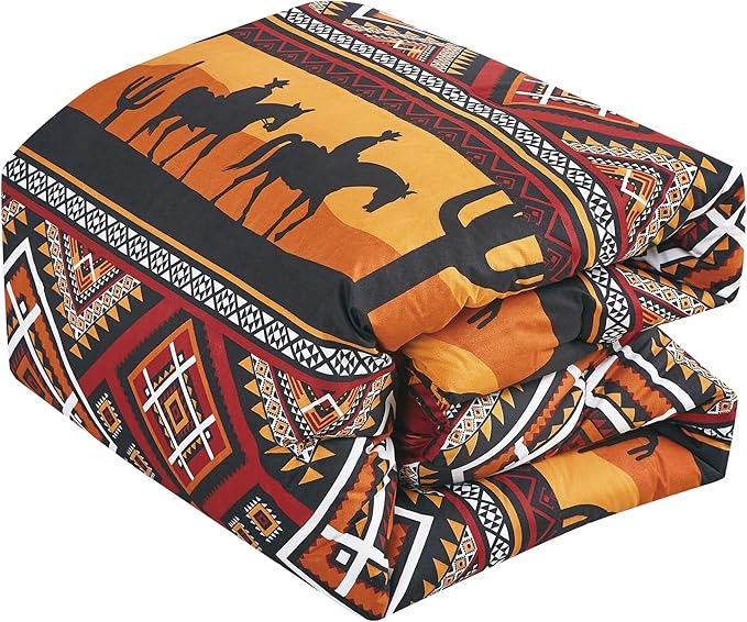 Chezmoi Collection Barrett 3-Piece Southwestern Sunset Cowboys Comforter Set - Multicolor Red Orange Black White Printed Washed Microfiber Bedding, Full