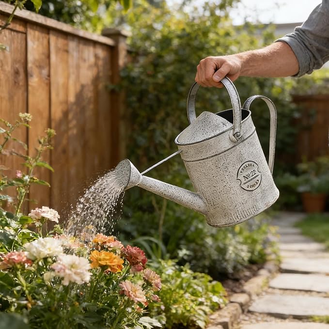 Vintage Galvanized Metal Watering Can - Rustic Farmhouse Design Watering Pot, Garden Decorative Planter for Home Patio Outdoor Wedding Party Decor