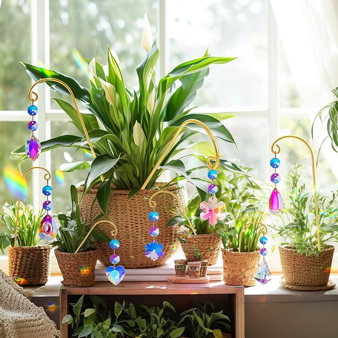 Potted Plant Trellis with Colorful Crystal Sun Catchers, 6.7 Inch Metal Plant Stakes, Fairy Stakes for Mini Potted Plant Decoration for Home Window Garden (8 Pack)