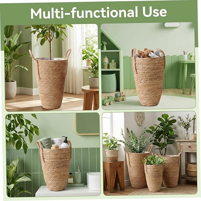3PCS Rattan Planter, 3 Sizes Seagrass Woven Plant Basket with Waterproof Liner, Plant Baskets Indoor with Handle for Balcony Home Decoration, Woven Basket for