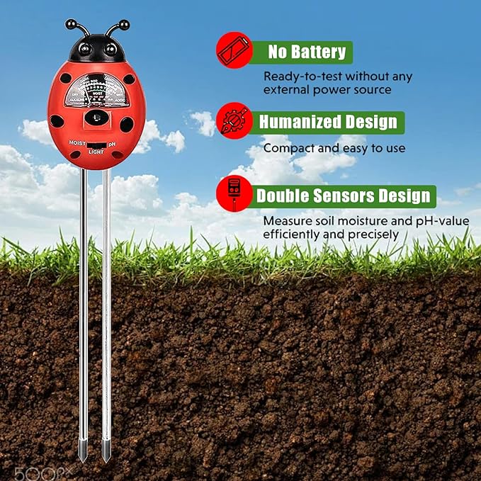 Ladybug Shape 3-in-1 Soil Moisture/pH/Light Meter, Soil Moisture Meter, Soil Test kit, Soil Tester with Moisture,Light,and pH Test for Indoor & Outdoor Use for House Plants, Garden, Lawn, Farm