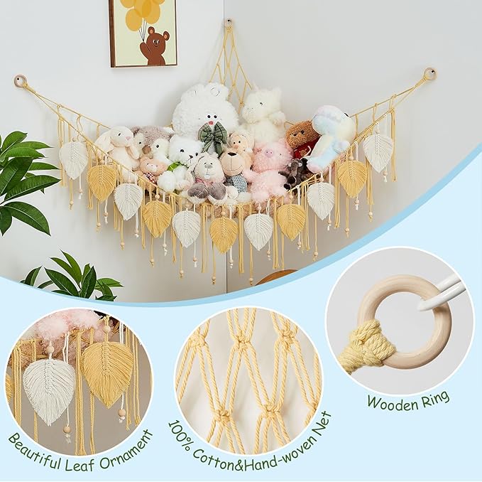 Pretty Jolly Macrame Stuffed Animal Hammock with Beads Hand Woven Leaf Tassels Corner Hanging Net Boho Plush Holder for Kid Room Nursery Decor Easy Install Organizer for Girls Gift(Yellow)
