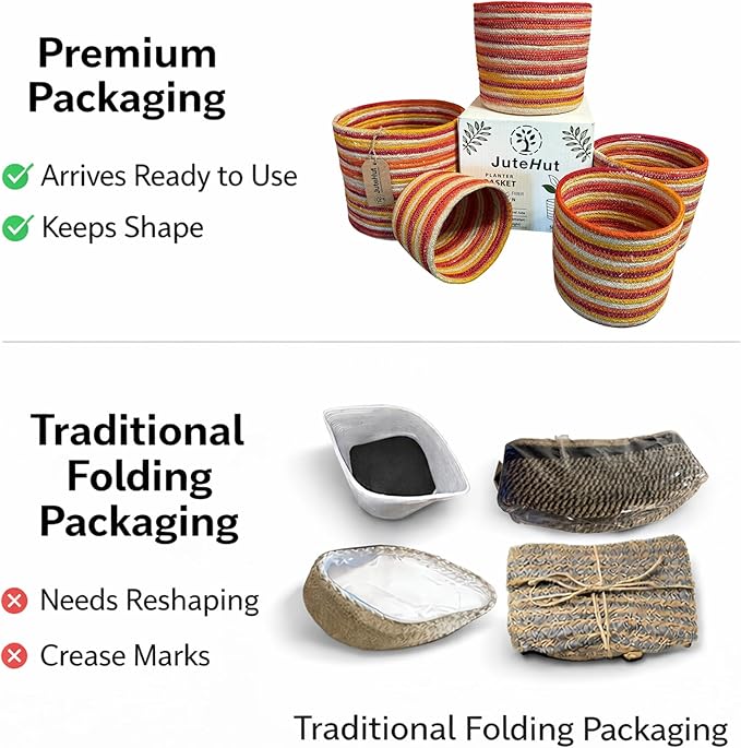 Planter Basket Set – 5-Piece Handwoven Jute Planter Basket for Home Decor, Nursery, or Indoor Plants (5'' to 8'' Diameter, 4.75'' to 7.75'' Height) – Fold & Wrinkle Free - Orange Sunset Stripe