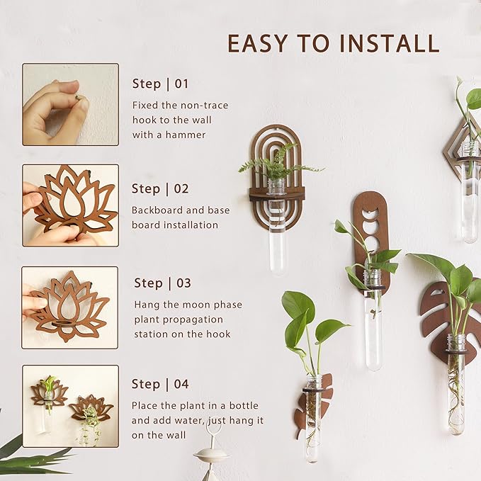Artilady 2 Pack Plant Propagation Station Lotus Flower Wall Hanging Wood Plant Terrarium for Hydroponics Home Office Decor Test Tube Propagate Air Cutting Holder