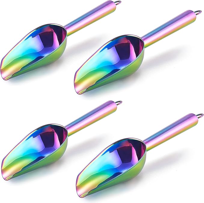 Mini Ice Scoop Set of 4, E-far 3 Ounce Rainbow Stainless Steel Scoops for Candy/Flour/Sugar, Small Metal Scoops for Party/Canisters Jars/Kitchen Bar/Ice Maker, Rust Proof & Dishwasher Safe