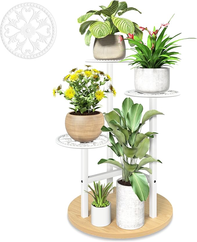 3 Tier Plant Stand Indoor Outdoor, Tall Metal Wood Shelf Corner Flower Pot Tiered Flower Pot Stands for Patio Garden Balcony Living Room Bedroom