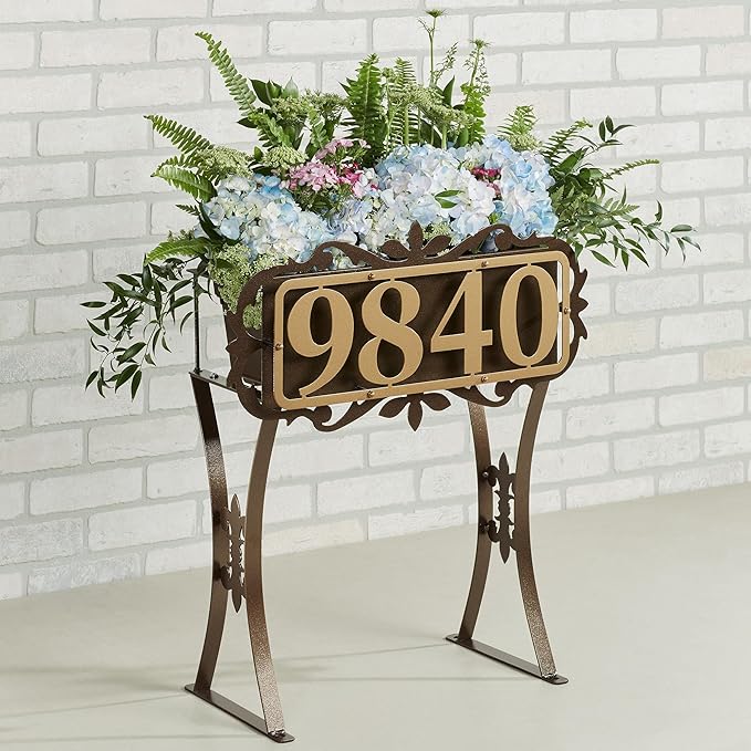 Floret Personalized Metal Planter Stand | Indoor, Porch, Patio, or Outdoor Use | Custom Family Last Name or House Address Numbers | Gold and Bronze Durable Finish | Raised Planter Stand