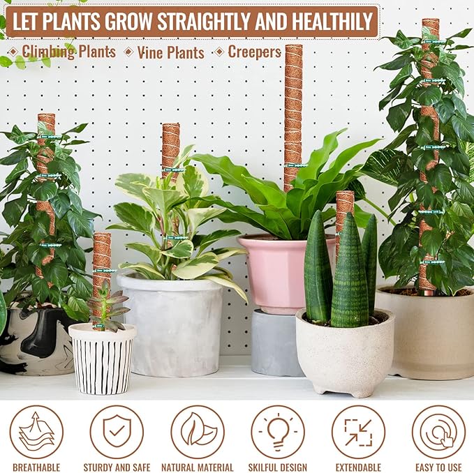 4 Pcs 12 Inches Coir Totem Pole With 8 Pcs Adjustable Plant Twist Ties - Moss Stick for Creepers Plant Support Extension, Climbing Indoor Plants