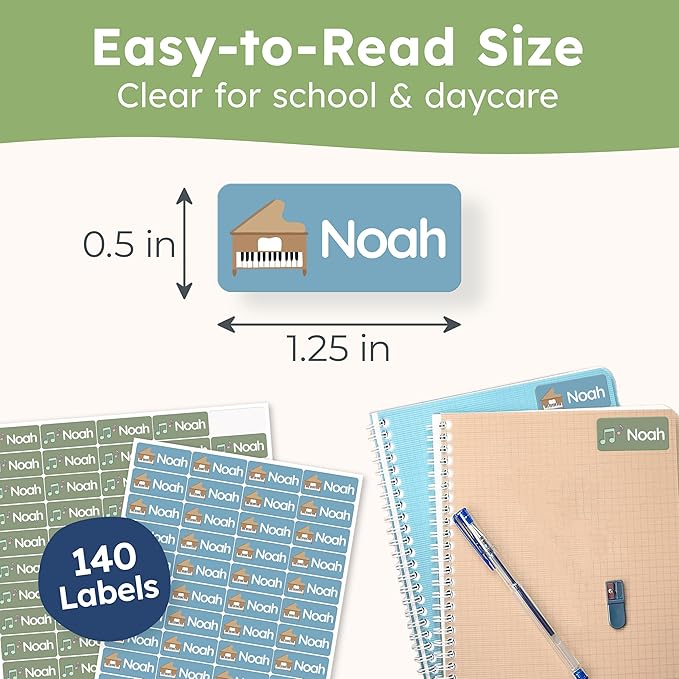 Personalized Name Labels for Kids (140 Labels) - Durable & Waterproof Custom Name Stickers for Clothing Tags, School Supplies, Camp & Daycare - Rhythm (1.2”x0.5”)