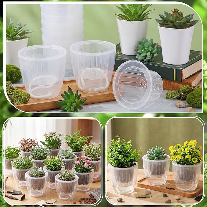 36pcs Self Watering Pots 4.3 Inch Plastic Flower Plant Pot with Inner Pot Self Watering Wick Planter White Clear Flower Pots for Indoor House Plants Herbs, Flowers, Succulents (Transparent)