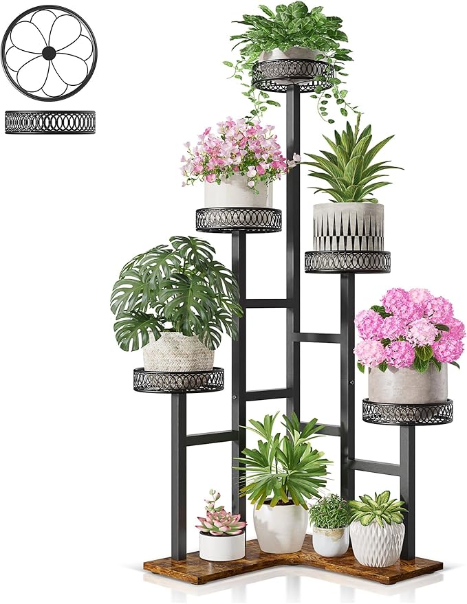 Plant Stand 6 Tier Indoor Metal Wood Flower Shelf for Multiple Plants Corner Display Rack Planter Pot Holder Flower Stand for for Patio Garden Balcony Living Room Bedroom