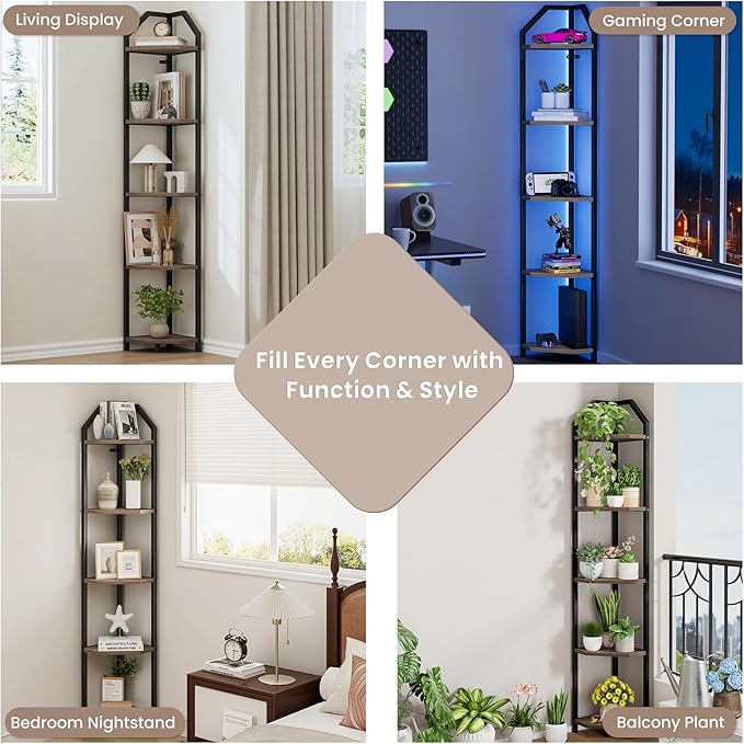 70 Inch Corner Shelf with LED Lights, 5-Tier Corner Bookshelf for Small Spaces, Wood & Metal Storage Rack for Bedroom, Living Room, Office - Modern Space Saving Design- Grey