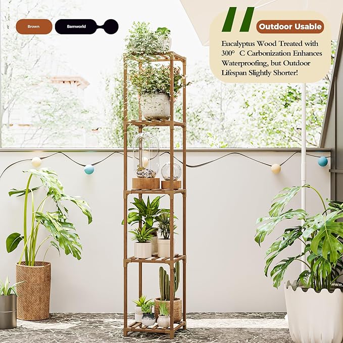 Bamworld Plant Stand Indoor Outdoor 5 Tier Tall Large Wood Plant Shelf Multi Tier Flower Stands Garden Shelves Wooden Plant Display Holder Rack for Living Room Corner