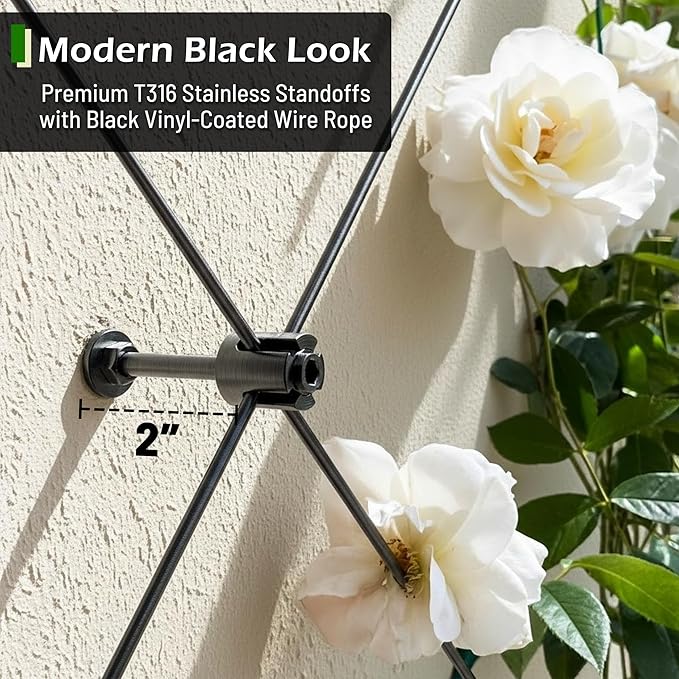 20-Set Black 1/8" Wire Trellis for Climbing Plants Outdoor with 98ft Vinyl Coated Cable, T316 Stainless Steel Wall Wire Trellis Kit