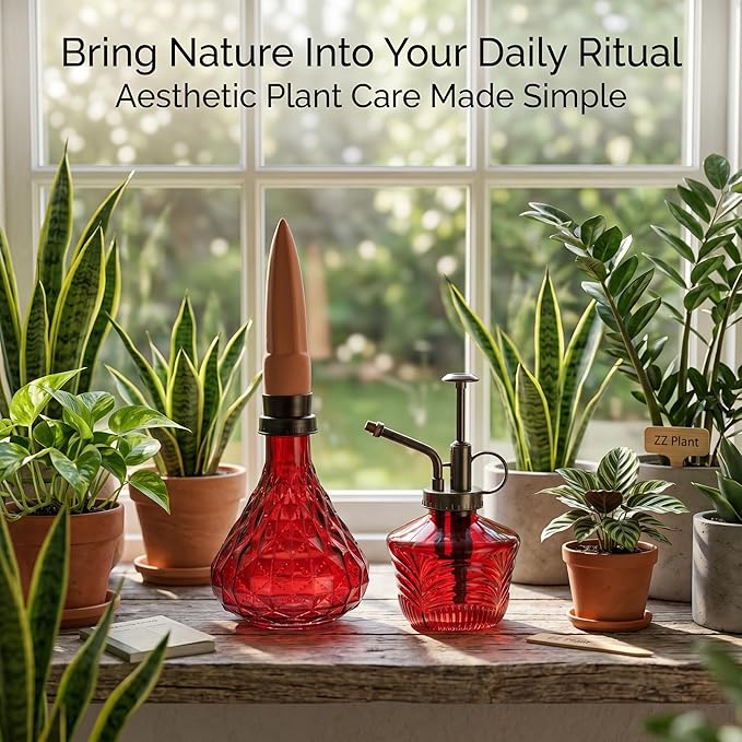 Glass Mini Watering Can Vintage Plant Mister Flower Water Spray Bottle and Faceted Glass Plant Watering Globe with Terracotta Spike,Red