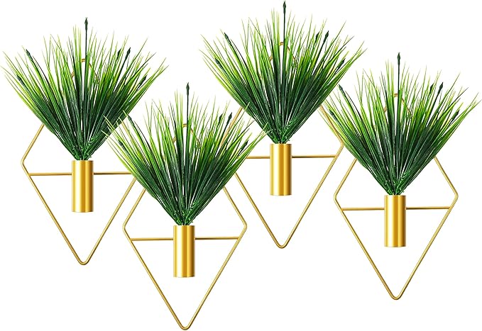 2 Pack Gold Wall Decor Hanging Planters with Artificial Plants Metal Hanging Vase Indoor Plants Holder Modern Boho Wall Art for Bathroom Bedroom Living Room Office (Gold, Aquatic Plant)