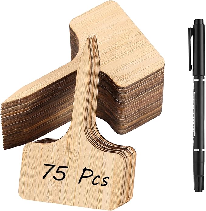 75Pcs Bamboo Plant Labels with 1 Marker Pen, T-Type Natural Seedling Nursery Sign Tags, Wood Garden Markers Decorative Patio Tags for Outdoor Indoor Potted Plants Herbs Flowers Vegetables