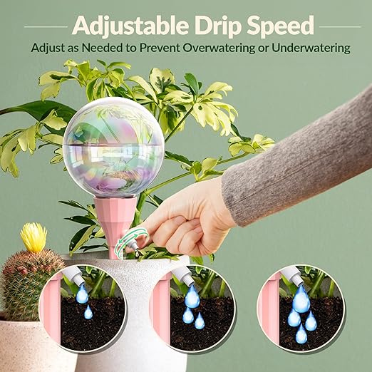 NiHome 4PCS 16OZ Adjustable Flow Control Plant Self-Watering Drippers, Long-Lasting Automatic Watering Globes for Indoor Outdoor Plants, Tulip Shape Design for Small to Medium Pots (2 Pink + 2 Green)