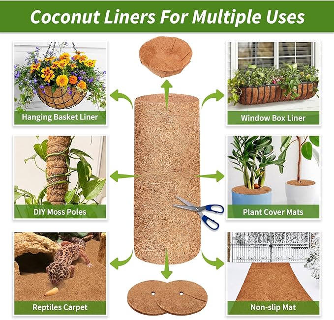 Legigo 12X160 Inch Natural Coco Liner Roll, Coconut Liners for Planter Window Box Hanging Basket, Coconut Coir Roll Coco Fiber Mat for Garden Decoration DIY Moss Poles Pet Pad Reptiles Carpet