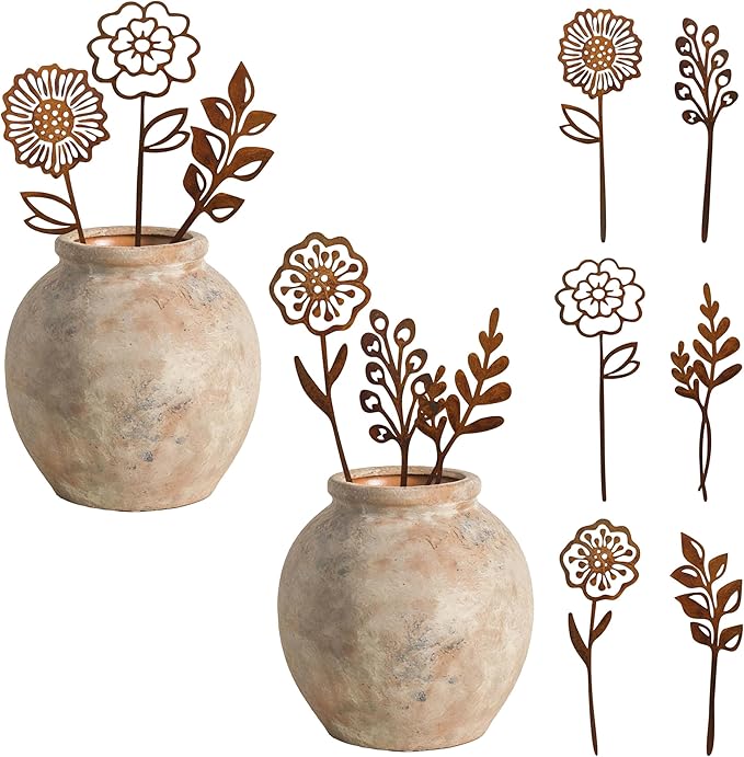 Rustic Metal Flowers, Decorative Flowers Plants Stakes Outside Art, Metal Garden Stakes Decorative Flower Bed Decor, Decorative Stakes Garden Art for Pots Vase Patio Lawn Yard Home Office