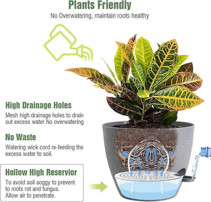 UOUZ 10/9/8 inch Self Watering Pots, Set of 3 Plastic Planters with Mesh Drainage Holes and Deep Reservoir for Indoor Outdoor Garden Plants and Flowers, Grey Speckles