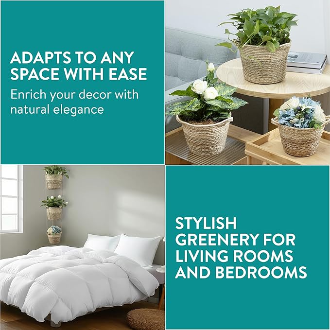 Navaris Seagrass Hanging Plant Pot Set - Decorative Indoor House Plant & Flower Pots with Jute Rope - Woven Basket Pattern for Home Storage - Small, Medium and Large Planters