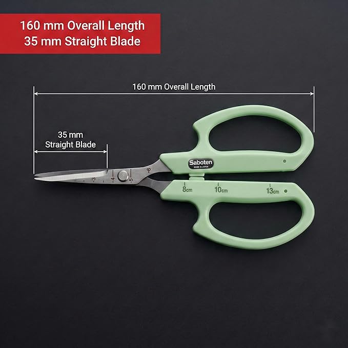 Saboten Stainless Steel Straight Blade Trimming Scissors Green PT-12 160mm Precision Gardening Bonsai and Floral Shears Made in Japan