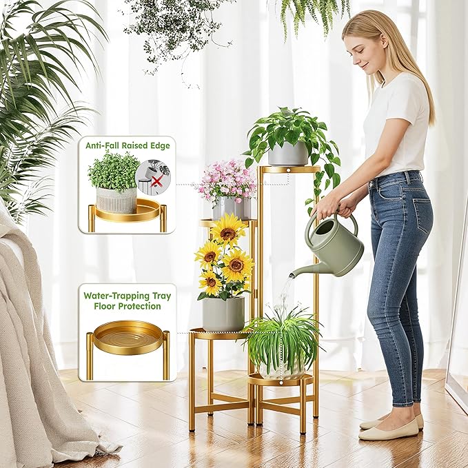 Gold Plant Stand, 4 Tiered Plant Stand Indoor for Multiple Large Planter, Tall Heavy Duty Adjustable Folding Rack with Rustproof 7.9 Inch Wide Tray, Plant Shelf for Corner - GoldDisk
