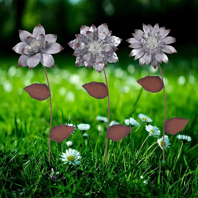 Garden Stakes Decorative, Metal Flowers for Outside, Glow in Dark Yard Lawn Ornaments Plant Pot Flower Bed Decor, Patio, Set of 3, Gold Flower
