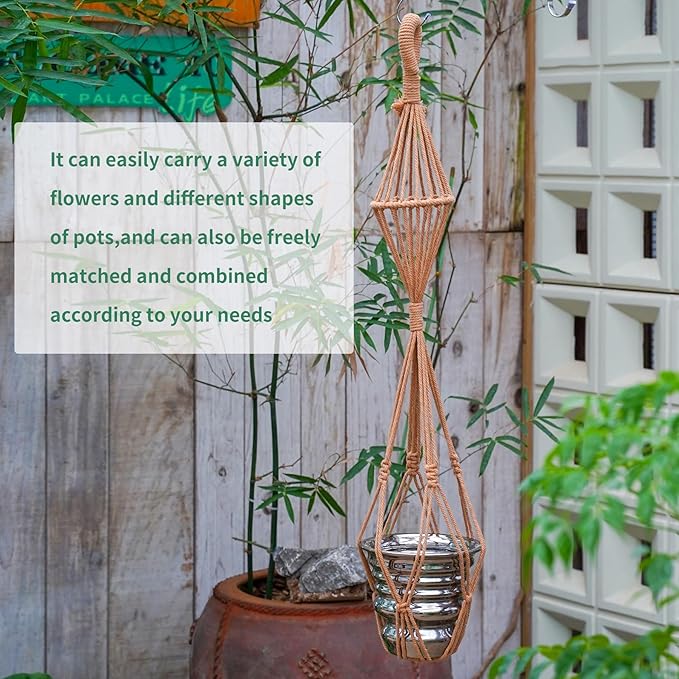 Hourglass Floating Macrame Plant Hangers 2 Pack Handmade Cotton Rope Hanging Planters Basket with S Hooks, Diamond Openwork Boho Home Decor for Indoor Outdoor, Plants Holder 35" & 39” (Caramel)