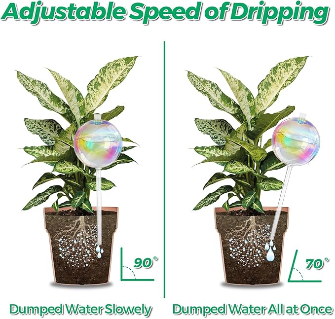 Plant Watering Globes Self Watering Planter - Indoor Outdoor Automatic Slow Release Watering Bulbs Iridescent Rainbow Glass Water Bulb for Houseplants 2 Pack