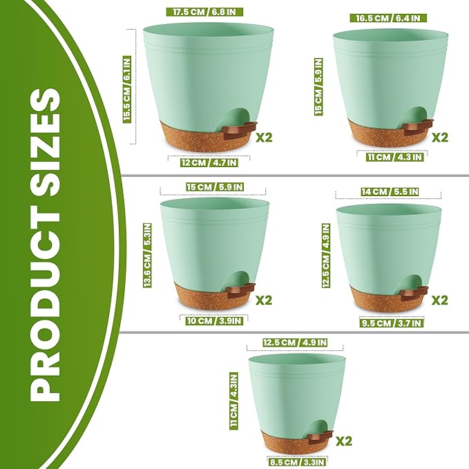 Utopia Home Self Watering Pots for Indoor Plants, Planters for Indoor Plants, Multi-Size Flowerpot, Set of 10 Plant Pots with Drainage & Reservoir, 6.8"/6.4"/5.9"/5.5"/4.9" (Olive Green)