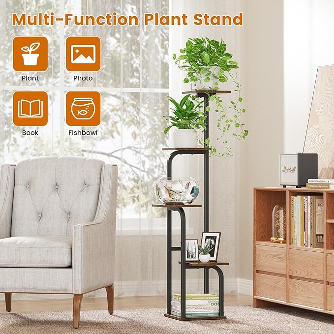 Asgolion 5 Tier Plant Stand Indoor, Plant Shelf for Multiple Plants, Flower Pot Holder Shelf, Planter Display Rack for Patio Garden Balcony Living Room Bedroom Decor, Rustic Brown
