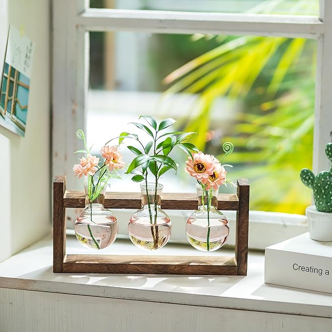 Plant Propagation Station with Wood Stand - Wall Glass Terrarium for Cuttings Air Plants Small Flower Pothos - Gift for Women Plant Lovers (Gradient Pink)